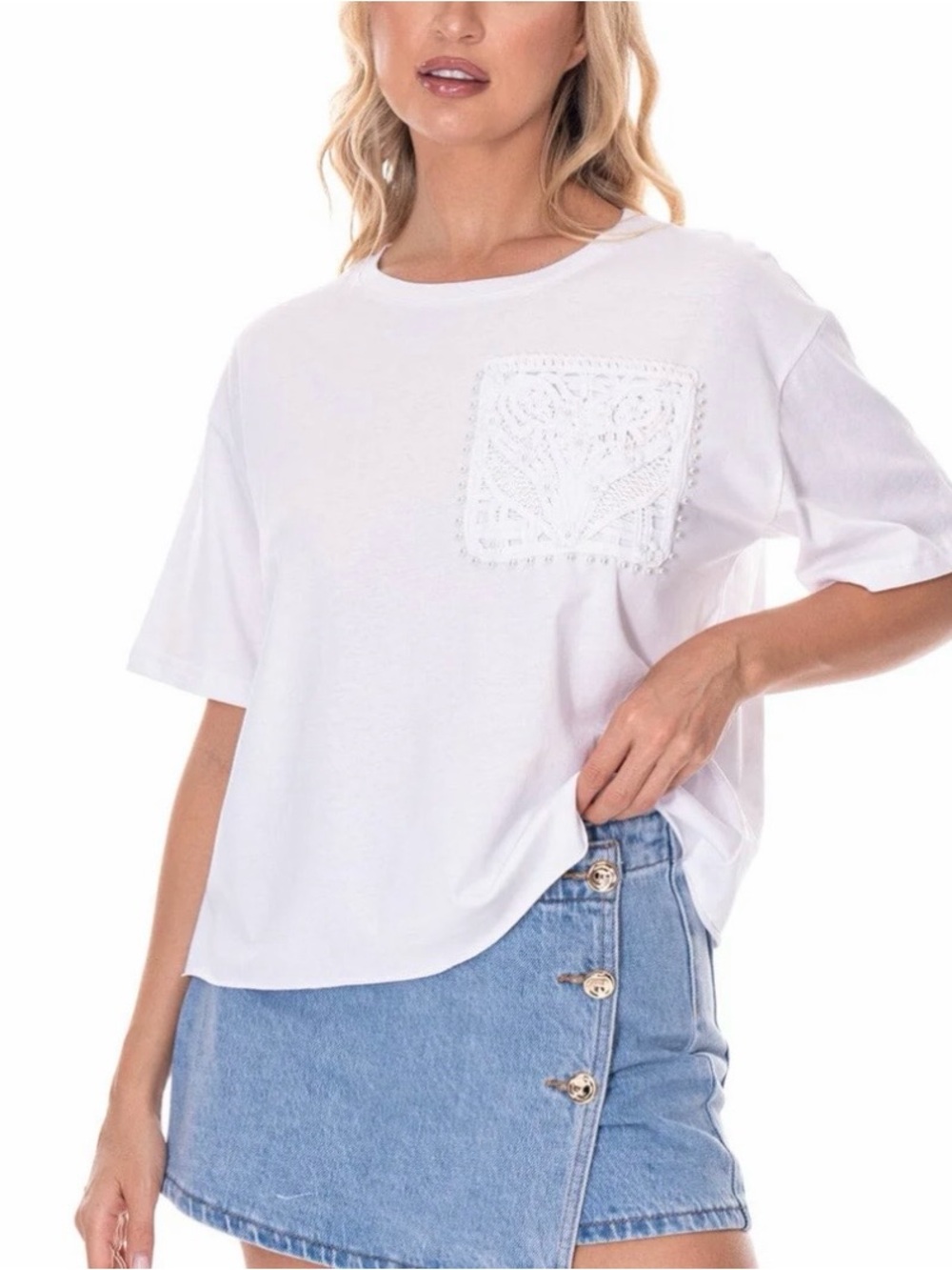 Women’s White Crochet Pocket Tee